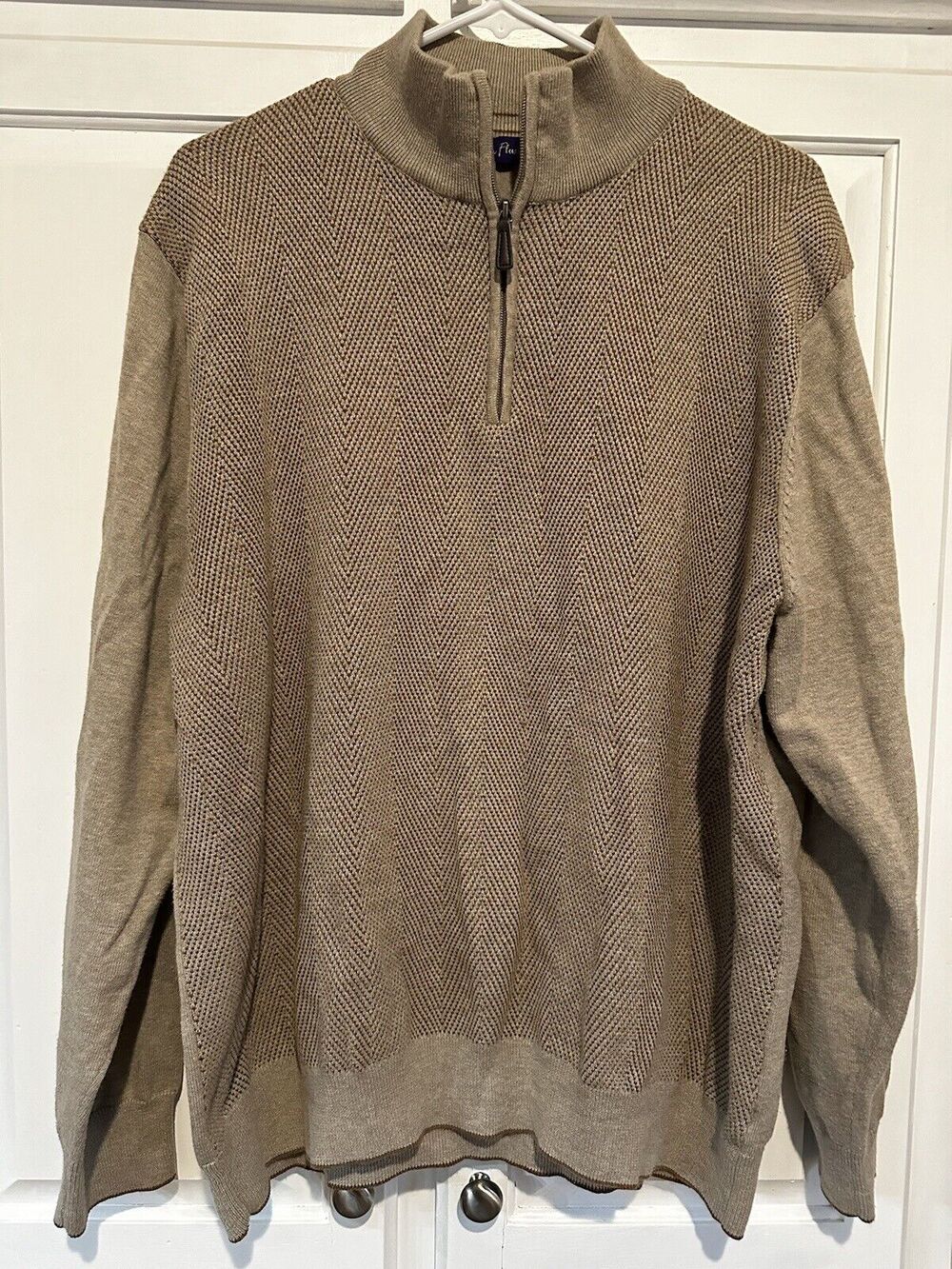 Alan Flusser 1/4 Zip Sweater Men's Size XL Cotton Beige Knit Pullover